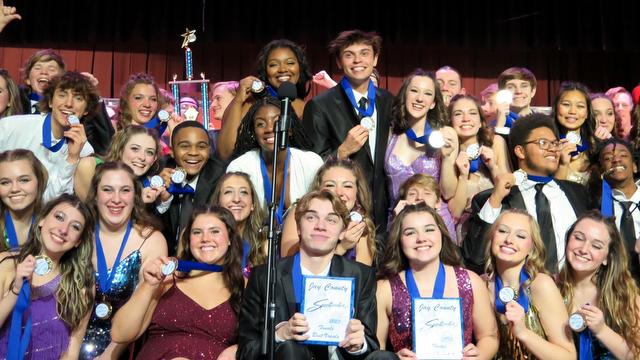 ''NHS Singers'' from Noblesville High School celebrate their Grand Champion win at Jay County in Indiana